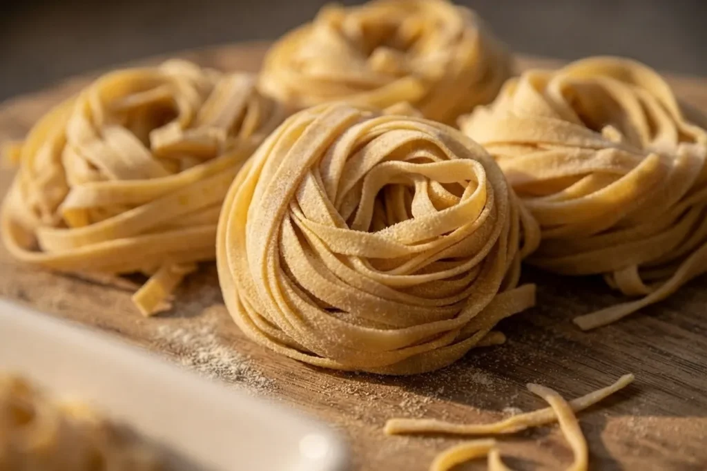 a shot of fresh, floured Fettuccine nests on a wooden board with warm artisanal lighting highlighting the organic semolina texture