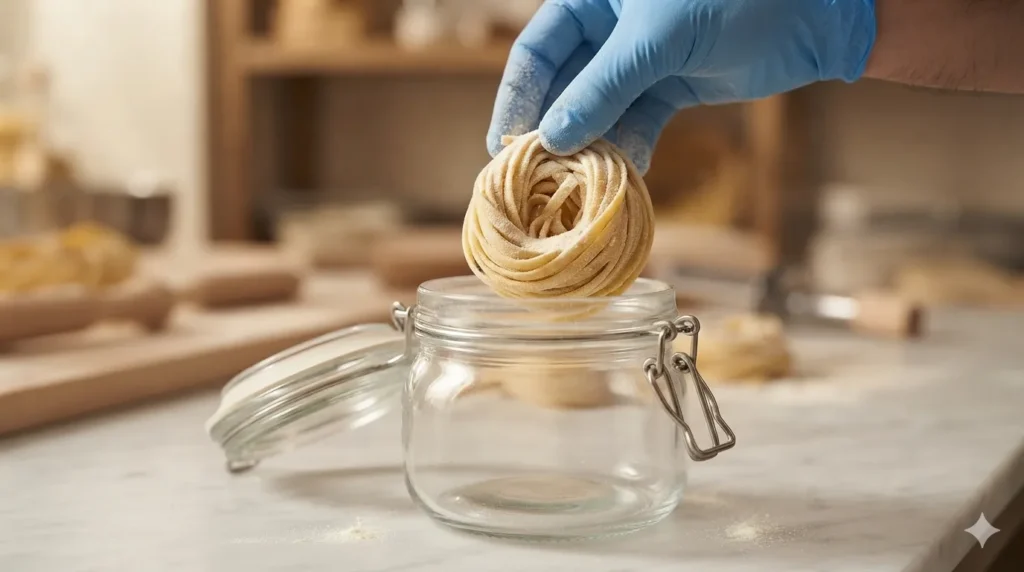 a hand dusting a pasta nest with flour before placing it into a clear airtight glass container.