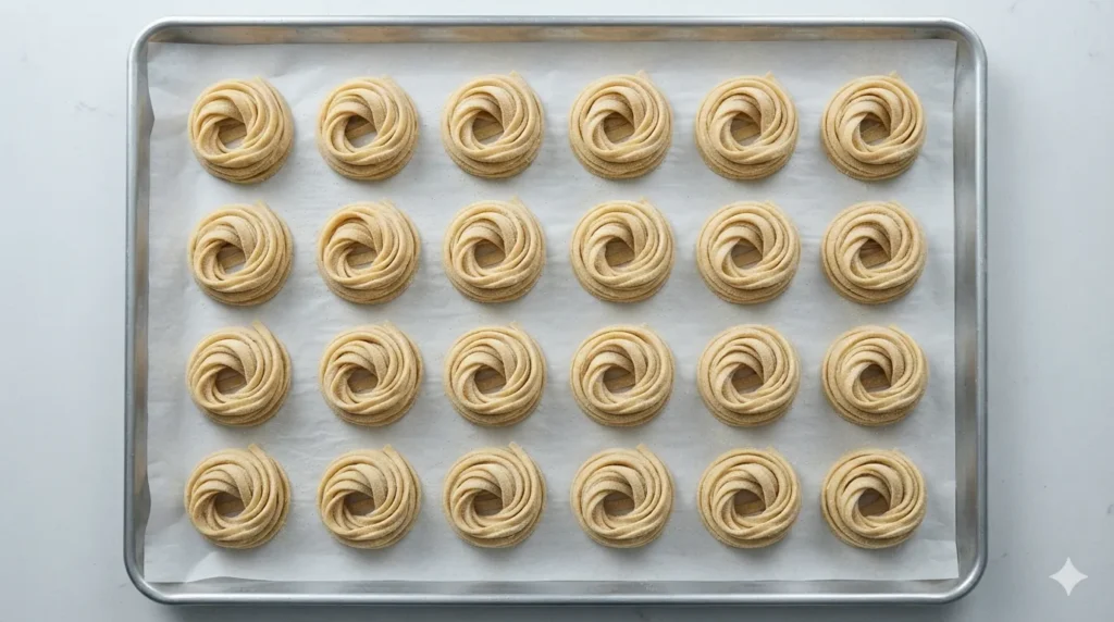 Top-down view of a baking tray with parchment paper showing spaced Ravioli and Fettuccine nests ready for flash freezing.