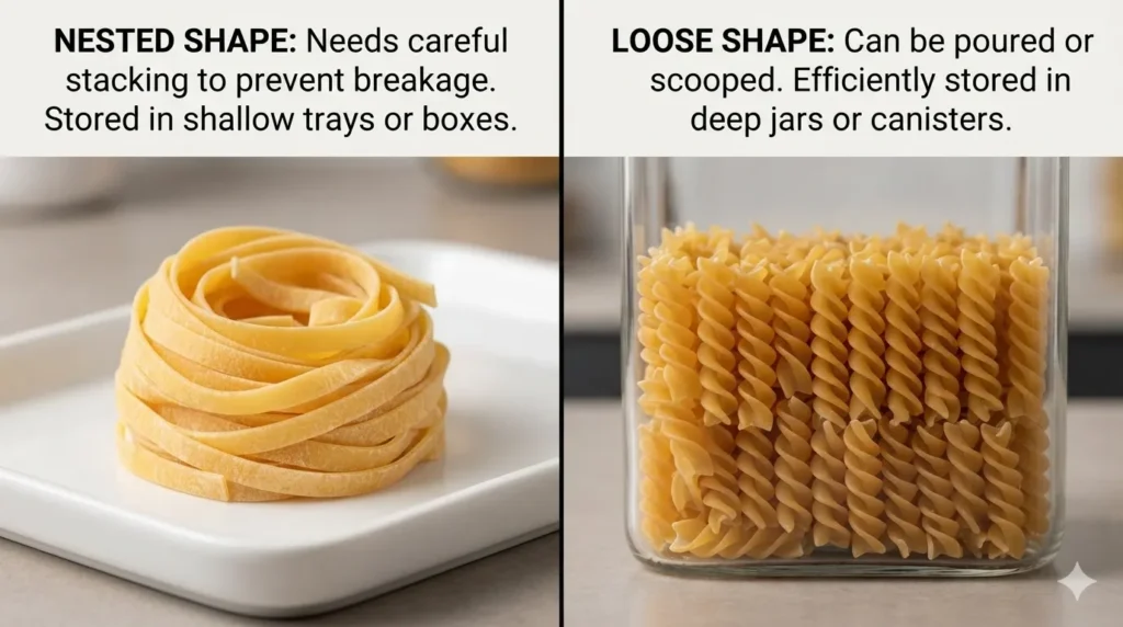 omparison showing a nest of Fettuccine on one side and neatly arranged Fosili on the other.