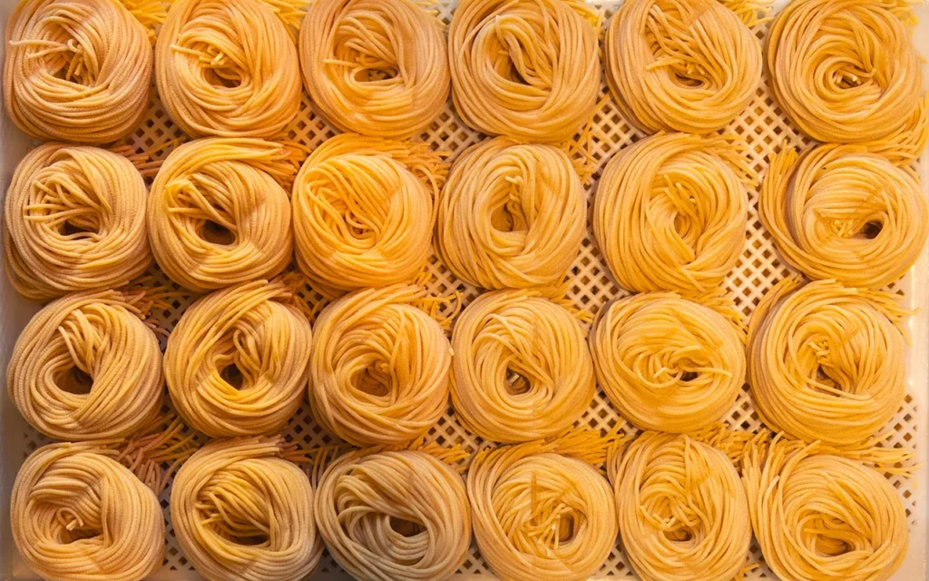 Top-down view of fresh tagliatelle pasta nests arranged on a white drying tray.