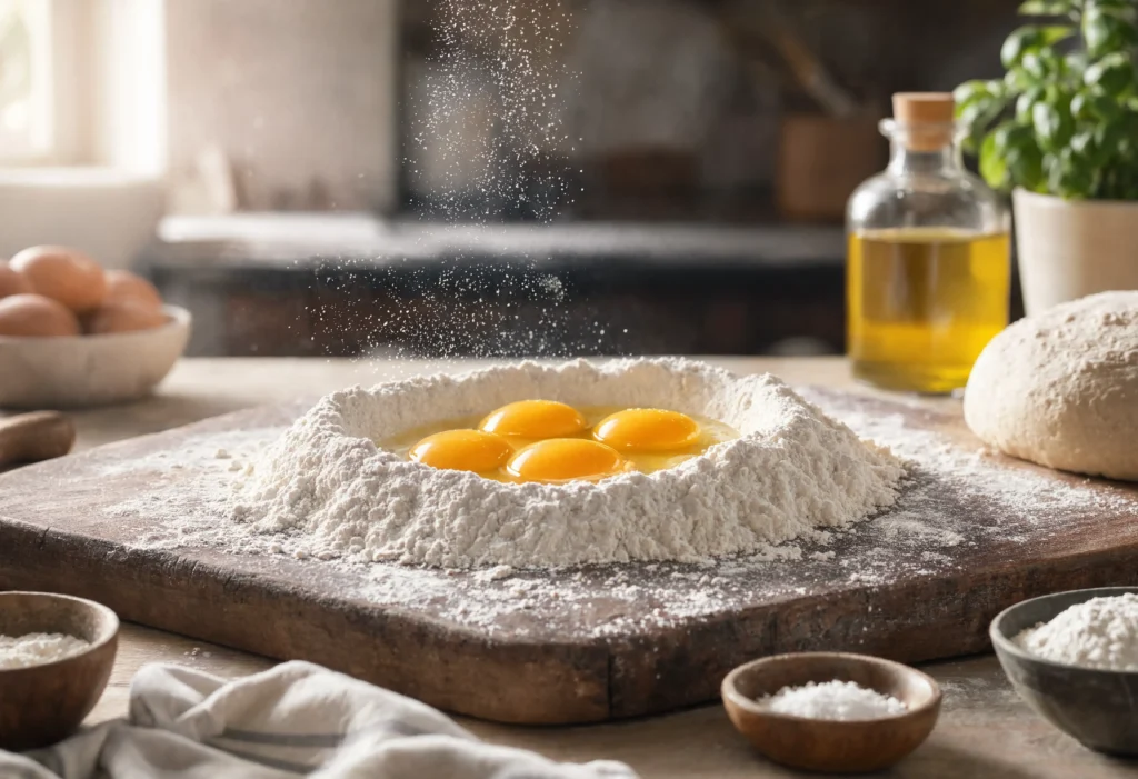 A well of fine organic white flour on a rustic dark wooden cutting board, with vibrant golden-yellow egg yolks resting in the center