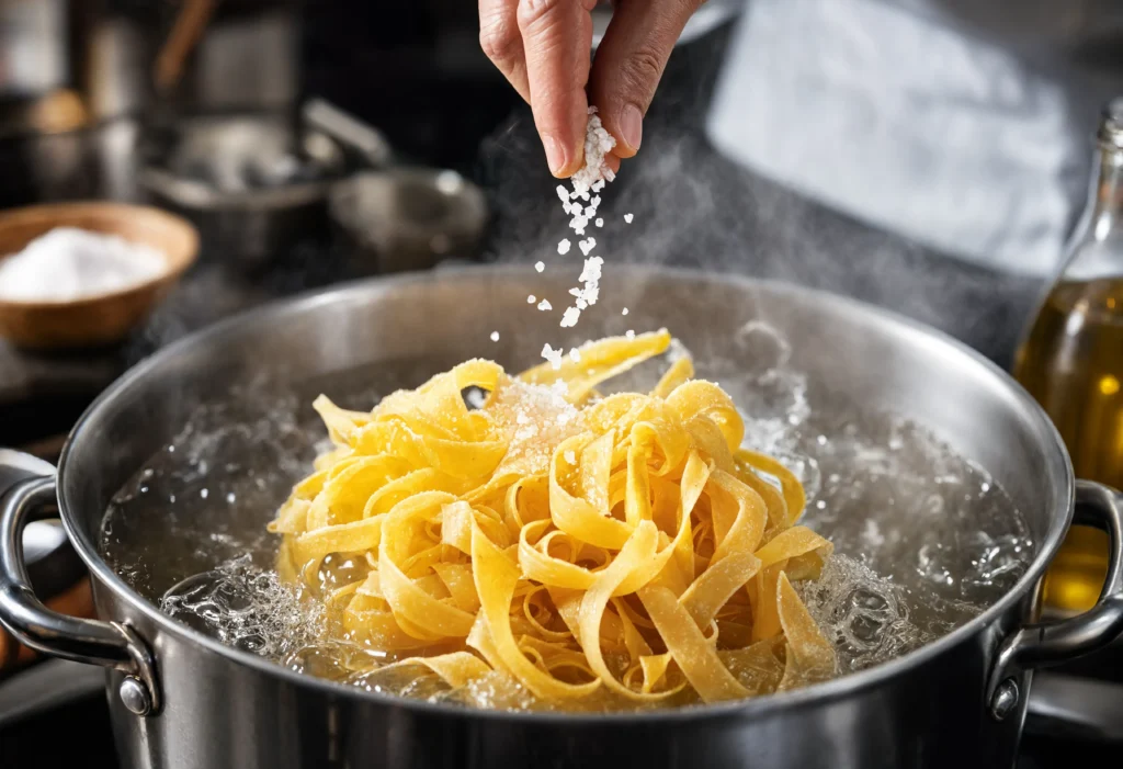 fresh fettuccine pasta dropping into a large pot of boiling water with rolling bubbles
