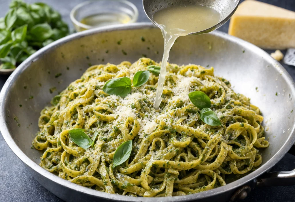 fresh hand-made fettuccine being tossed in a sleek stainless steel pan with a vibrant rich green pesto sauce. Glistening texture, freshly grated Parmesan cheese and fresh basil leaves on top