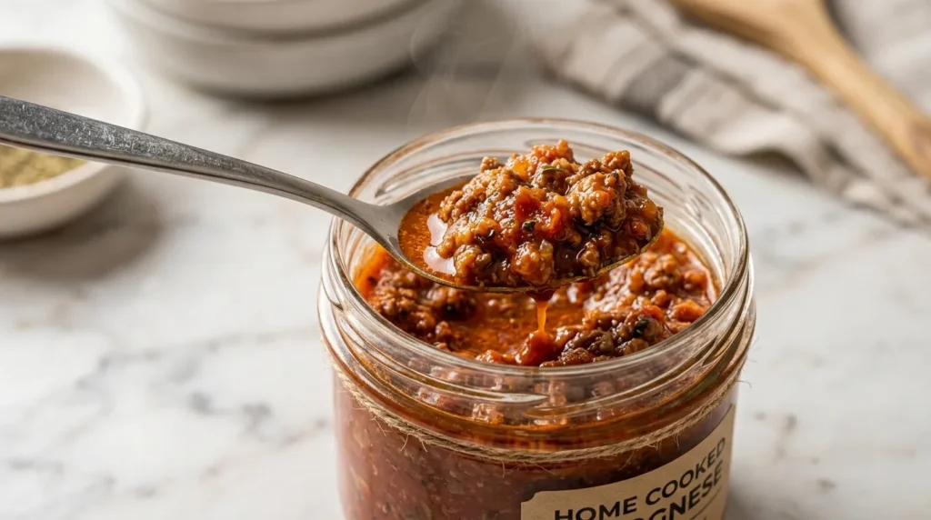  a clean stainless steel spoon scooping thick, rich Bolognese meat sauce from an elegant glass jar.