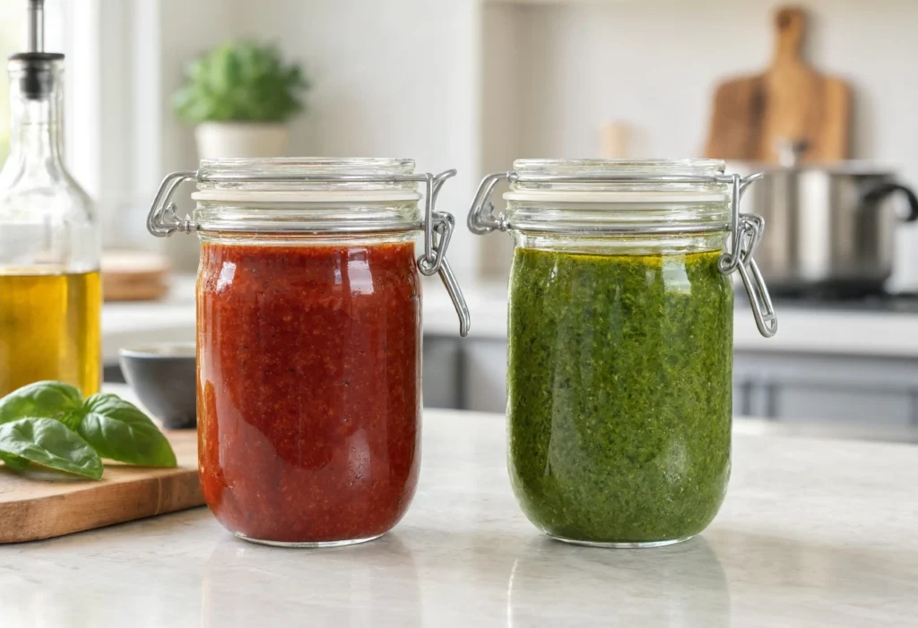 Two elegant, clean glass jars on a kitchen counter: one filled with rich red marinara sauce, the other filled with bright green pesto topped with a thin glistening layer of olive oil.